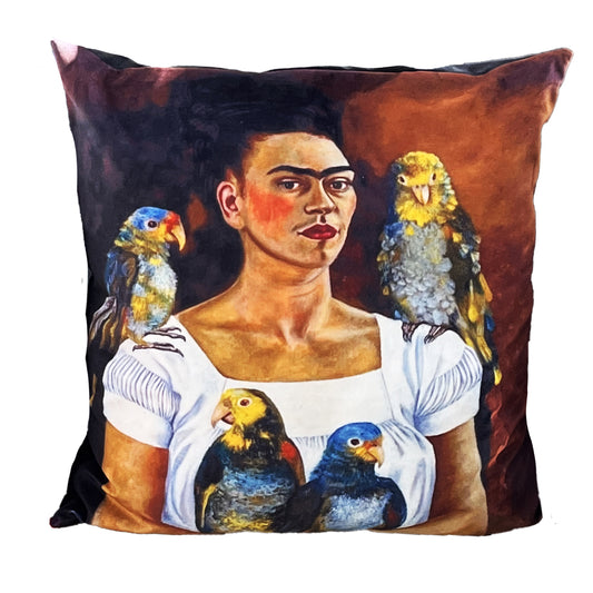 Me and My Parrots Frida Kahlo Velvet Throw Pillow, Cushion Cover. Hand-Made in Cape Town, South Africa. Available in sizes 50x50cm and 60x60cm