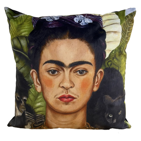 Frida Kahlo Velvet Throw Pillow, Cushion Cover, Hand-Made in Cape Town, South Africa, using environmentally-friendly inks. Colour fast, machine-washable. Duty Free entry to EU and UK.