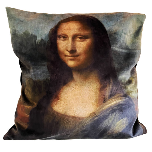 Mona Lisa Velvet Throw Pillow, Cushion Cover, Hand-Made in Cape Town, South Africa, using environmentally-friendly inks. Colour fast, machine-washable. Duty Free entry to EU and UK.