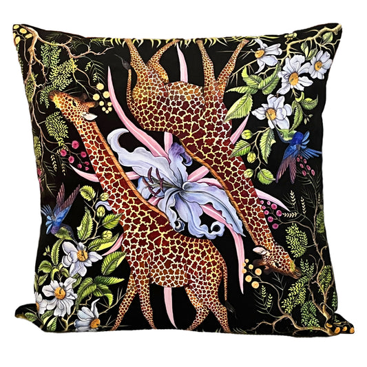 Giraffe & Sunbird Velvet Throw Pillow, Cushion Cover. sIzes: 60x60cm Made in Cape Town, South Africa. Duty Free Entry to EU and UK