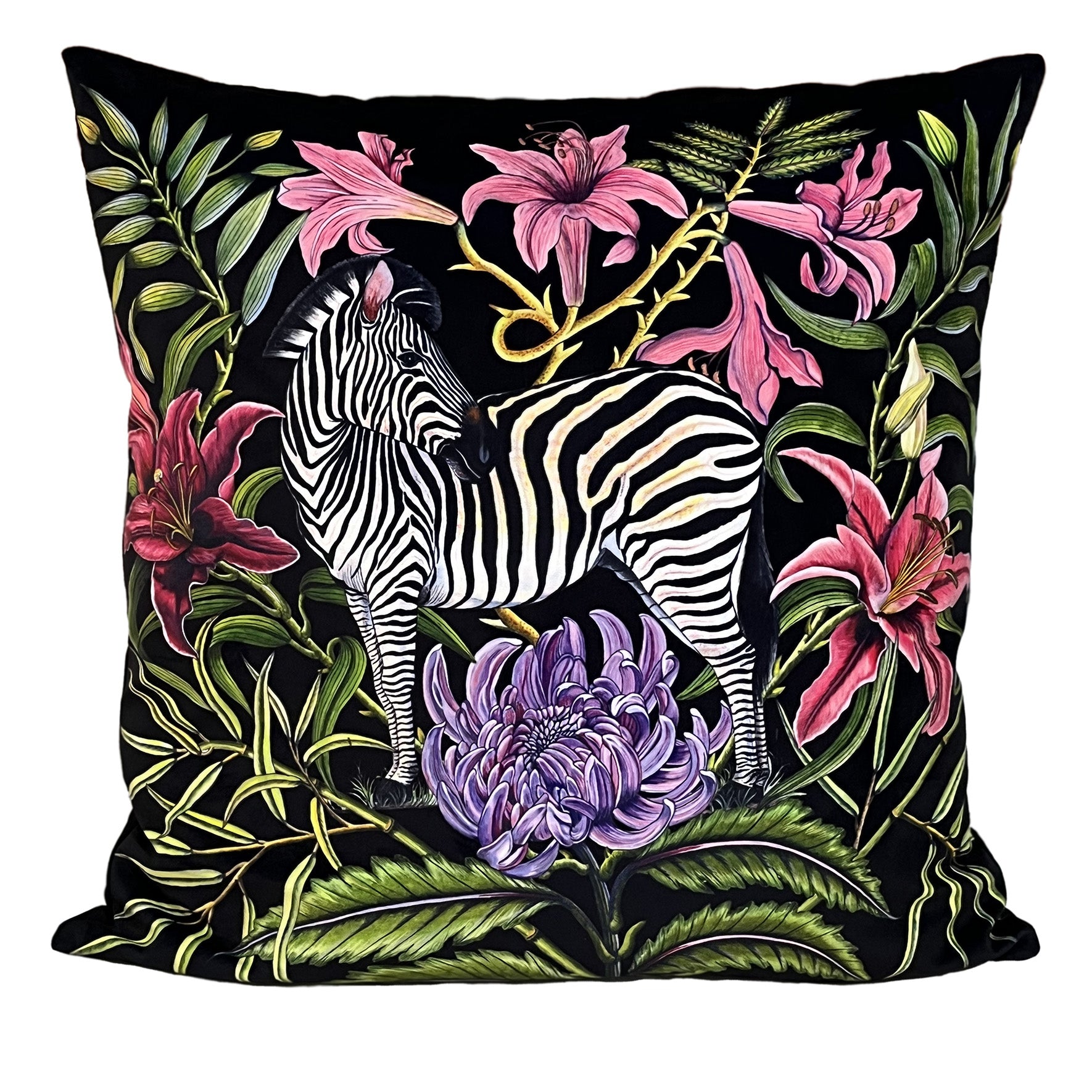 Zebra Velvet Throw Pillow, Cushion Cover. 60x60cm. Made in Cape Town, South Africa. Hand-made. Environmentally-friendly print inks. Colour fast, machine-washable. Duty Free entry to EU and UK.