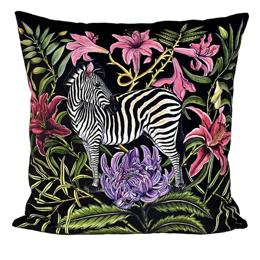 Zebra Velvet Throw Pillow, Cushion Cover. 60x60cm. Made in Cape Town, South Africa. Hand-made. Environmentally-friendly print inks. Colour fast, machine-washable. Duty Free entry to EU and UK.