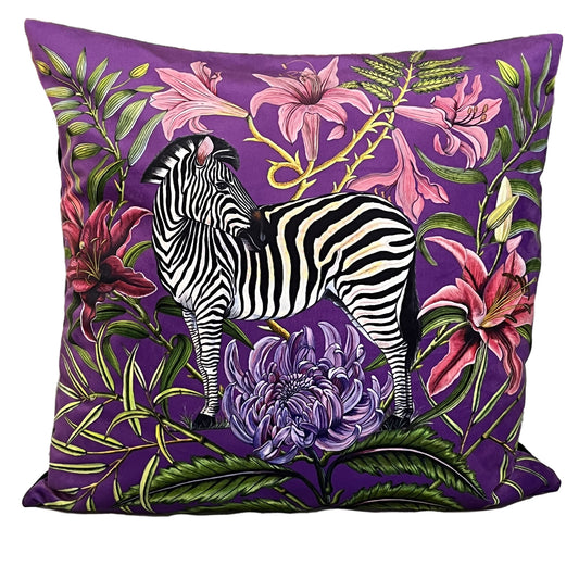 Zebra Throw Pillow Purple, Velvet, Cushion Cover. Size 60x60cm. Hand-made in Cape Town, South Africa. Duty Free entry to Uk and EU.