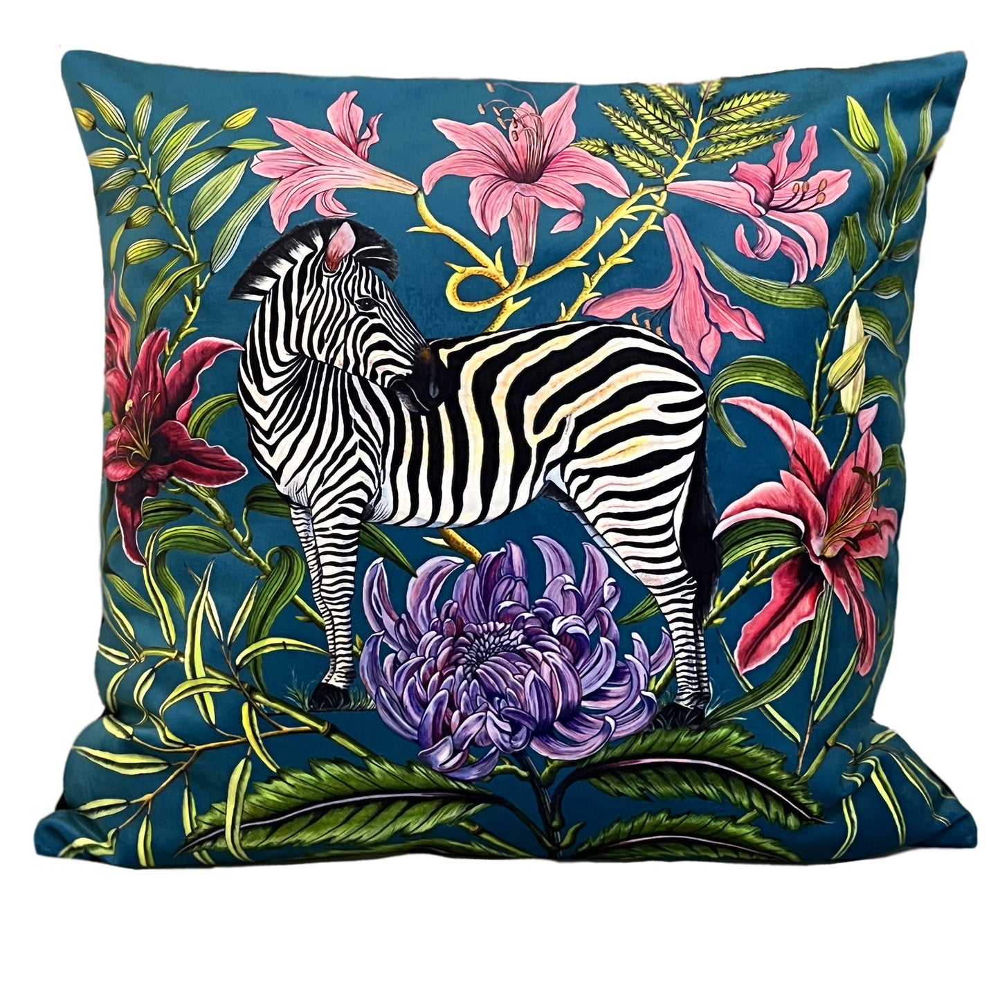 Zebra Velvet Throw Pillow Blue, Cushion Cover. 60x60cm. Made in Cape Town, South Africa. Hand-made. Environmentally-friendly print inks. Colour fast, machine-washable. Duty Free entry to EU and UK.