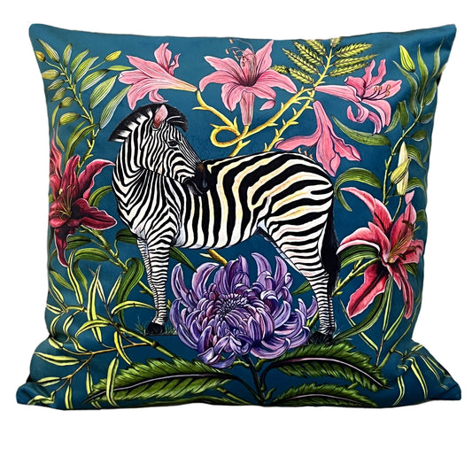 Zebra Velvet Throw Pillow Blue, Cushion Cover. 60x60cm. Made in Cape Town, South Africa. Hand-made. Environmentally-friendly print inks. Colour fast, machine-washable. Duty Free entry to EU and UK.