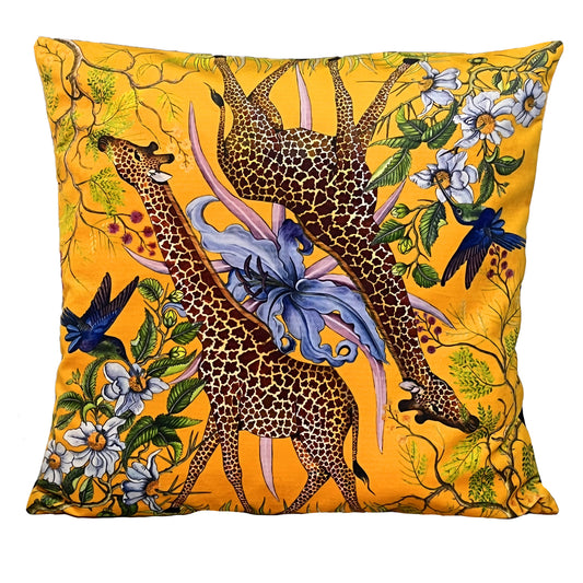 Giraffe & Sunbird Velvet Throw Pillow, Cushion Cover, Yellow. 60x60cm, Made in Cape Town, South Africa by DAB Gallery.
